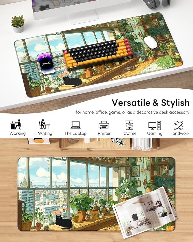 XL Gaming Mouse Pad, 31.5x17.5'' Large Desk Mat with Anti-Slip Rubber Base & Stitched Edges for Gaming, Office, Home - Greeny Cottage