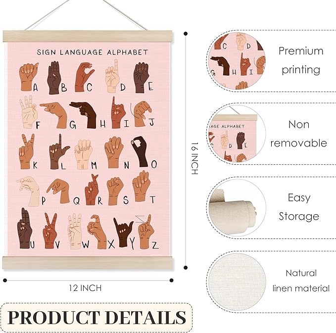 Koesus Sign Language Alphabet Wall Art Poster Hanger Frame 12x16 Inch, Special Education Poster, Educational Canvas Pictures Prints Framed Wall Decor for Classroom Kid Nursery Bedroom Playroom