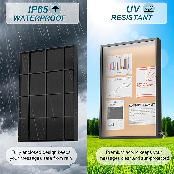 24"X36" Enclosed Bulletin Board, IP65 Waterproof Cork Notice Board Outdoor UV-Resistant, Lockable Bulletin Board for Office, School, Restaurants