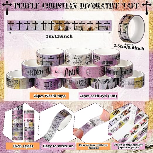 Janlaugh 24 Rolls Christian Washi Tape Gifts Bulk Religious Inspirational Scripture Supplies Purple Bible Verse Washi Tape for Bible Journaling Study Crafting New Year DIY Gifts