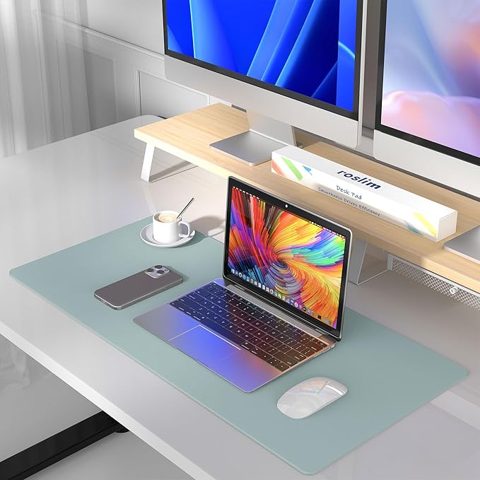 Mouse Pad Desk Protector Mat, Large PU Leather Office Desk Mat, Non-Slip Desk Pad for Keyboard and Mouse, Waterproof Desk Blotter Pad for Writing, Smooth Laptop Desk Pads, Light Teal (15.7''X31.5'')