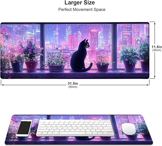Modern Black Cat City Night Scenery Large Mouse Pad, Desk Mat Computer Keyboard Pad Non-Slip Rubber Base Waterproof with Stitched Edges for Laptop Gaming, Office & Home 31.5 x 11.8 Inch (XL-18)
