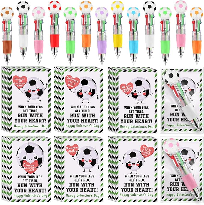 Colarr 24 Set Soccer Valentines Gifts Multicolor Pens with Positive Cards for Valentines Day Party Favors Classroom Prizes Soccer Team Goodie Bags Stuffers 4 in 1 Ballpoint Pens