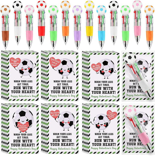 Colarr 24 Set Soccer Valentines Gifts Multicolor Pens with Positive Cards for Valentines Day Party Favors Classroom Prizes Soccer Team Goodie Bags Stuffers 4 in 1 Ballpoint Pens
