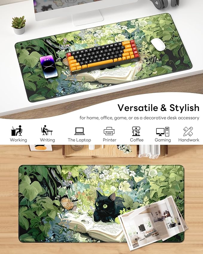 XL Gaming Mouse Pad, 31.5x17.5'' Large Desk Mat with Anti-Slip Rubber Base & Stitched Edges for Gaming, Office, Home - Reading Cat