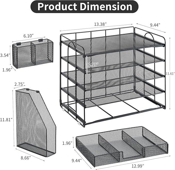 Youbetia Paper Tray Organizer with Mesh File Holder, 5 Tier Desk Accessories & Workspace Desk Organizers with Pen Holder, Office Desk Accessories Desktop Organization for Office Supplies (Black)