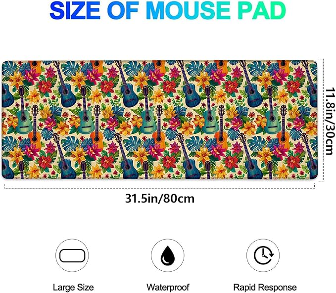 Colorful Guitar Gaming Mouse Pad, Extended Tropical Floral and Leaves Desk Mat Computer Laptop Mousepad, Robust Stitched Edges, 31.5"×11.8" Large Office Keyboard Mouse Pads for Desktop Decor