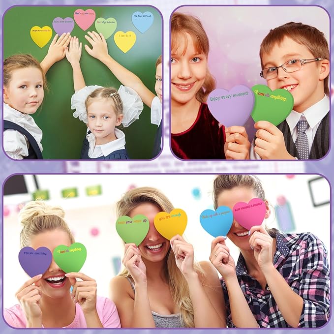 Teling 24 Pack Valentine's Day Sticky Notes Heart Shape Sticky Notes 3 x 3 Inch Motivational Notepads Bulk Cute Memo Pads for Galentines Party Gifts School Office Supplies (Bright)