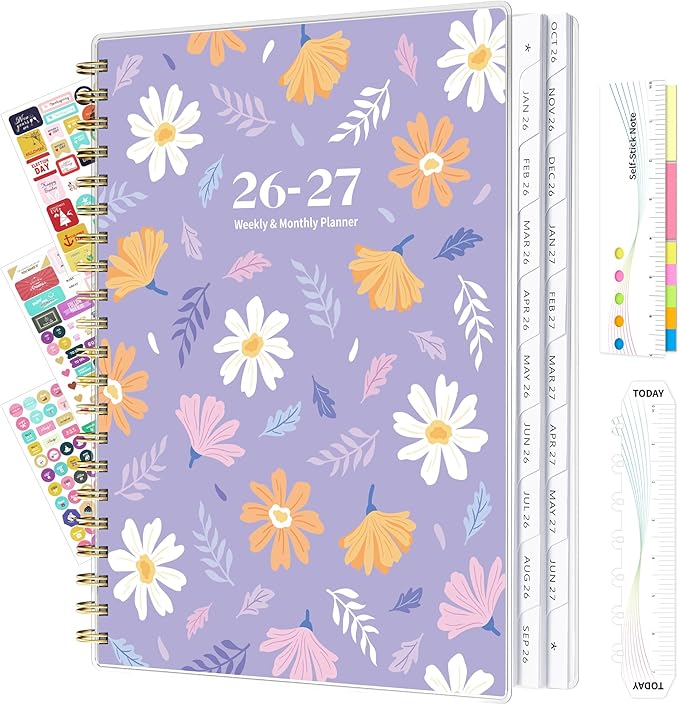 Ospelelf 2026 2027 Planner Weekly and Monthly Calendar Spiral Bound, A4 Office Supplies For Women & Men, 18 Months PVC Cover Life Planners with Stickers Lilac Daisy