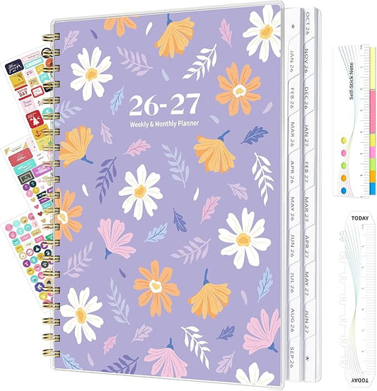 Ospelelf 2026 2027 Planner Weekly and Monthly Calendar Spiral Bound, A4 Office Supplies For Women & Men, 18 Months PVC Cover Life Planners with Stickers Lilac Daisy