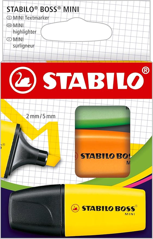 STABILO BOSS Mini Highlighter Set, 3-Color, Yellow, Orange, and Green