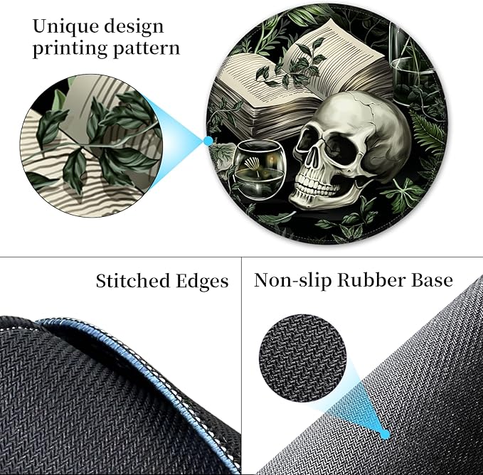 Funny Goth Skull Mouse Pad for Desk, Gothic Book Plant Small Mousepad with Non-Slip Base, Round Mouse Pads for Laptop Gaming, Computer Mouse Mat for Office Decor Accessories Supplies