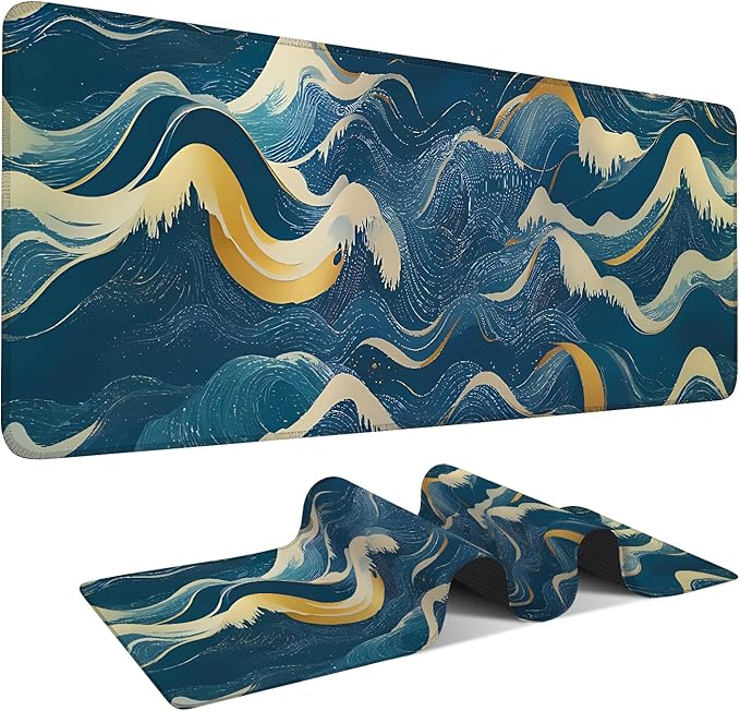 Ocean Waves Extended Gaming Mouse Pad 35.4 x 15.7 Inch – Large Desk Mat for Gaming, Office, and Home Use, with Non-Slip Rubber Base and Smooth Cloth Surface