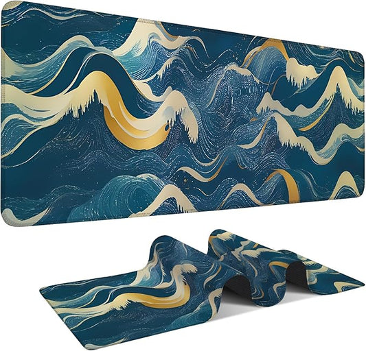 Ocean Waves Extended Gaming Mouse Pad 35.4 x 15.7 Inch – Large Desk Mat for Gaming, Office, and Home Use, with Non-Slip Rubber Base and Smooth Cloth Surface