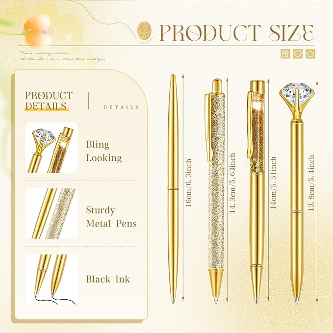Sabary 8 Pcs Gold Pens with Pen Holder for Desk Glitter Crystal Diamond Cute Ballpoint Fancy Pencil Holder Bling Desk Organizer for Women Girls Gifts School Office Christmas New Year Supplies