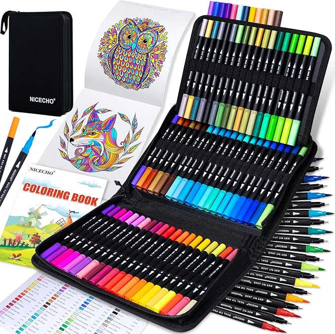 Nicecho 72 Colors Dual Tip Art Markers Pens for Adult Coloring Books, Brush and Fine Tip Coloring Marker for Drawing Journaling Note Taking Lettering