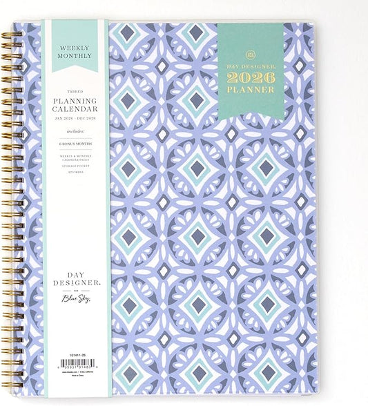 Blue Sky Day Designer 2026 Weekly and Monthly Planner Calendar, January 2026 - December 2026, 8.5" x 11", Flexible Cover, Durable Twin Wire Binding, Includes Storage Pocket, Stickers, Tile