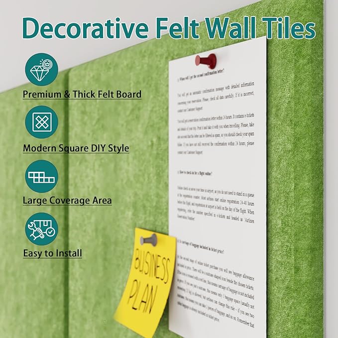 Felt Cork Board for Wall: Extra Large Bulletin Board for Office - 0.5 Inch Thick Corkboard Tiles 6 PCS Green Pin Board Squares Adhesive