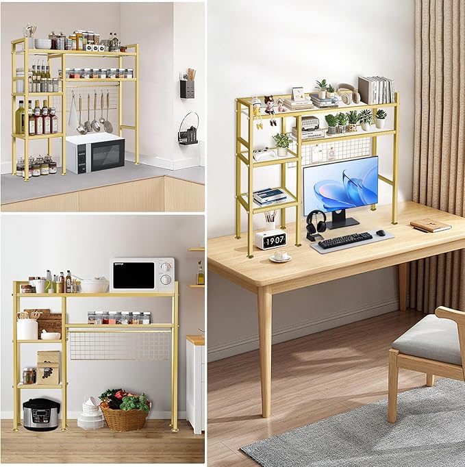 Desk Shelf，37.5" Desk Shelves and Desk Organizer Shelf，4 Tier Riser Storage Rack，Modern Desk Hutch for Home Office Dorm，Iron and Wood, Gold