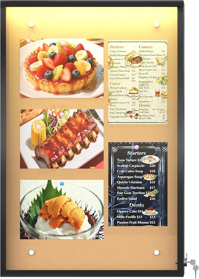 24"X36" Enclosed Bulletin Board with LED Lights, IP65 Waterproof Notice Board Outdoor UV-Resistant, Lockable Cork Bulletin Board for Office, School, Restaurants