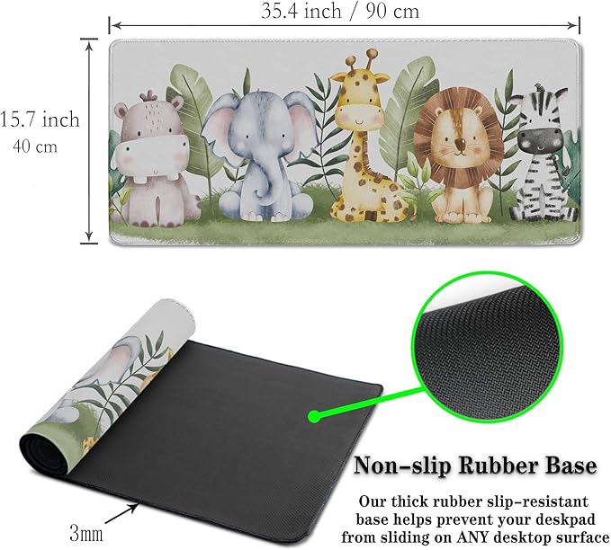 Large Mouse Pad Desk Pad Mat Keyboard Mouse Pads Pc Mousepad Mouse and Keyboard Pad Waterproof Non-Slip Rubber Base 35.4" X 15.7" for Game Office, Watercolor Safari Animal Banner