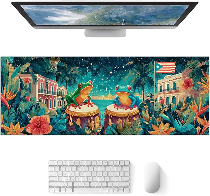 Large Mouse Pad Gaming Mousepad 31.5 x 11.8 Inch Keyboard Desktop Mat Diatomite XL Mouse Pad for Home and Office Desk Accessories with Tropical City Drum Frog Artwork and Smooth Diatomite