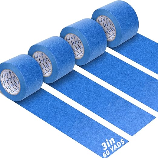 4 Rolls Blue Painters Tape Bulk 3 inch x 60 Yards, Total 240 Yd, Painters Masking Tape No Residue Wall Painting Tape Artist Tape Trim Edge Finishing Tape for Wall Painting Decoration DIY Supplies