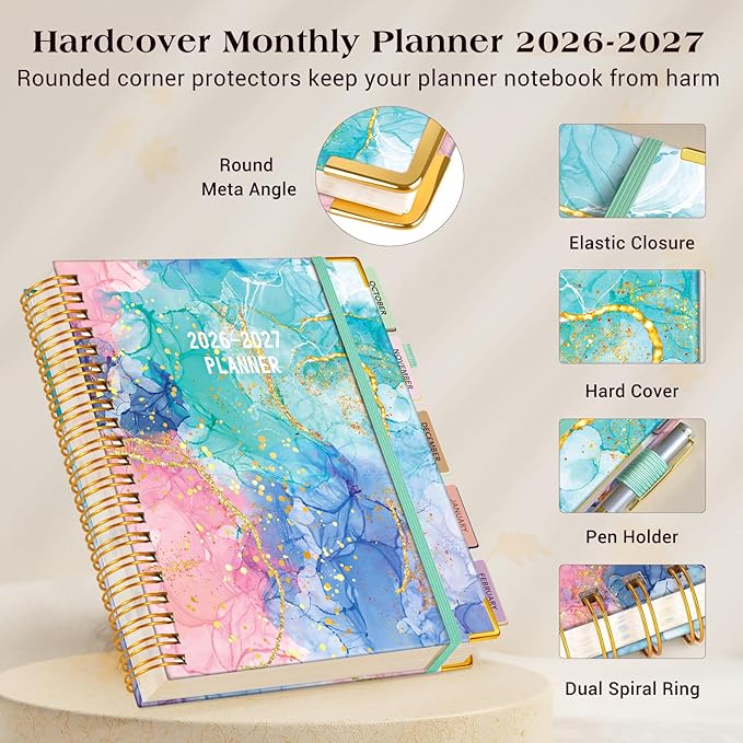 Planner 2026-2027, 18 Months Weekly and Monthly Daily Planner from January 2026 - June 2027, 8.5" x 11" A4 Large Hardcover Agenda Organizer Book 2026 with Tabs, Spiral Yearly Calendar Planners for School Work Home, Pink Blue Marble