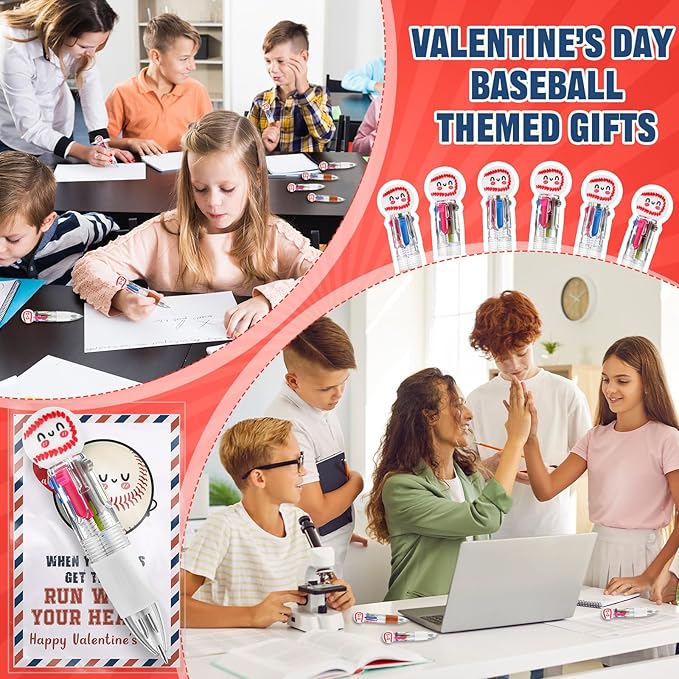 Colarr 24 Set Baseball Valentines Gifts Multicolor Pens with Positive Cards for Valentines Day Party Favors Classroom Prizes Students Baseball Team Goodie Bags Stuffers 4 in 1 Ballpoint Pens