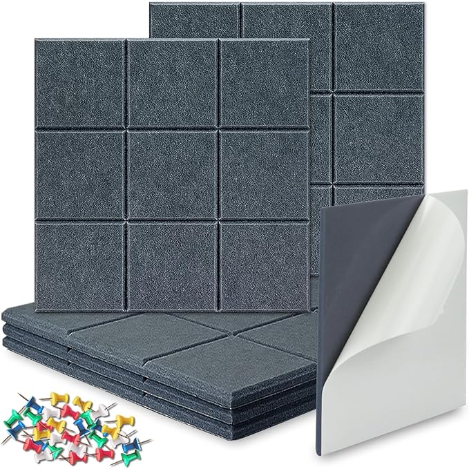 BXI Felt Bulletin Board - 12 X 12 X 3/8 Inches 6 Pcs Self-Adhesive Poster Cork Board with 30 Push Pins, Thick Pin Tiles Display Vision Board, Photo Picture Panels for Home Office Classroom Walls