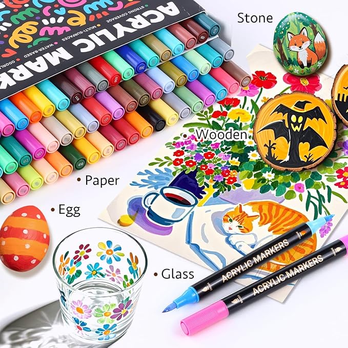 WINSONS 120 Colors Acrylic Paint Marker, Dual Tip and Dual Colors Acrylic Paint Pens for Stone, Wood, Canvas, Ceramic, Metal, Glass, Rock Painting, DIY Crafs Art Supplies (120 Colors)