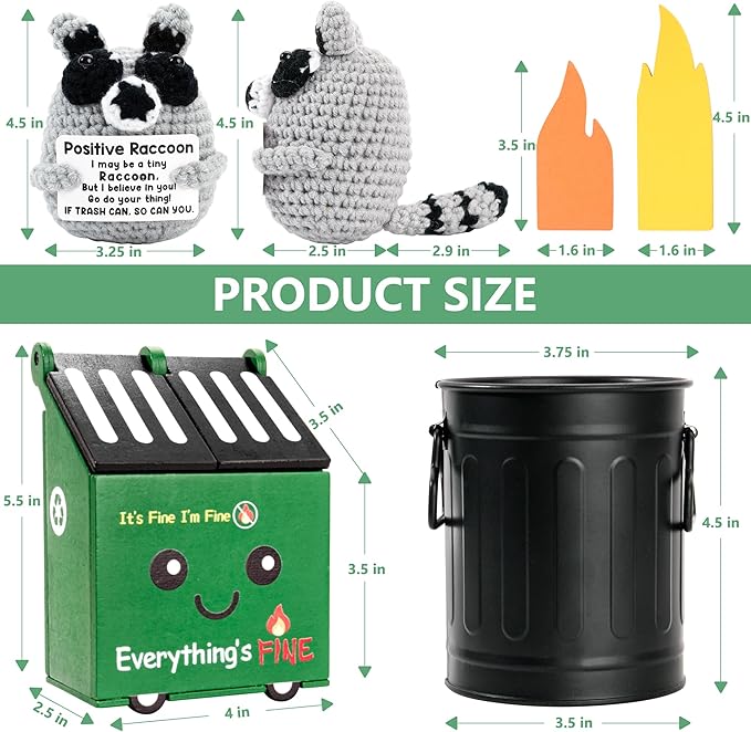 Dumpster Fire and Metal Trash Can Pencil Holder With Tiny Emotional Support Crochet Raccoon Plush Set Funny Office Desk Accessories Decor Gifts for Men & Women, Friend, Coworker,Nurse,Teacher (Black)