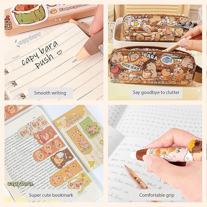 Cute Capybara School Supplies Capybara Stationery Set Includes Gel Pens Pencil Eraser A5 Notebook Stickers ID Badge Holder Ruler Kawaii Birthday Christmas Gifts for Office School Supplies