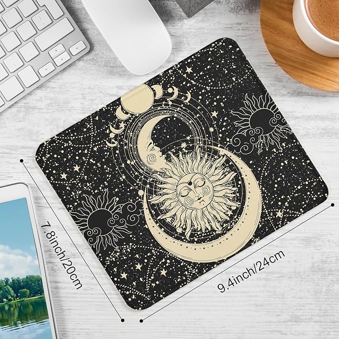 Moon and Sun Square Mouse Pad,Non-Slip Rubber Base Mouse Pad, Home Office Decoration Desktop Accessory,Laptop Mouse Pad for Office Laptops,9.4x7.8x0.12inch.