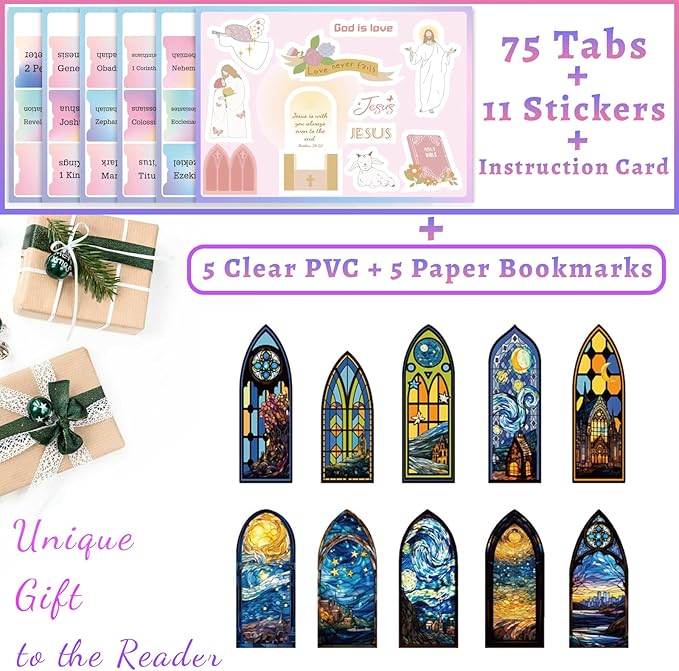 Bible Tabs with Unique Stickers, Laminated Bible Tabs for Women & Men, Christian Gifts, Large Print Bible Tabs for Easy Navigation, Bible Book Index Tabs Labels, Bible Study Supplies, Rainbow SQ5