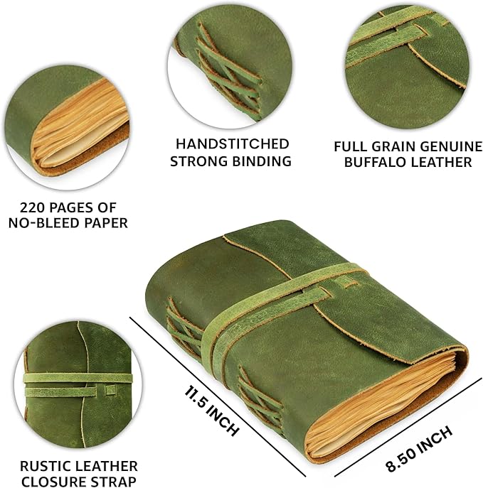 LEATHER VILLAGE Leather Bound Journal - Green, 11.5"X8.50", 220 Pages - Vintage Blank Paper Diary for Writing, Drawing, Sketchbook, and Travel Notebook - Ideal for Women and Men