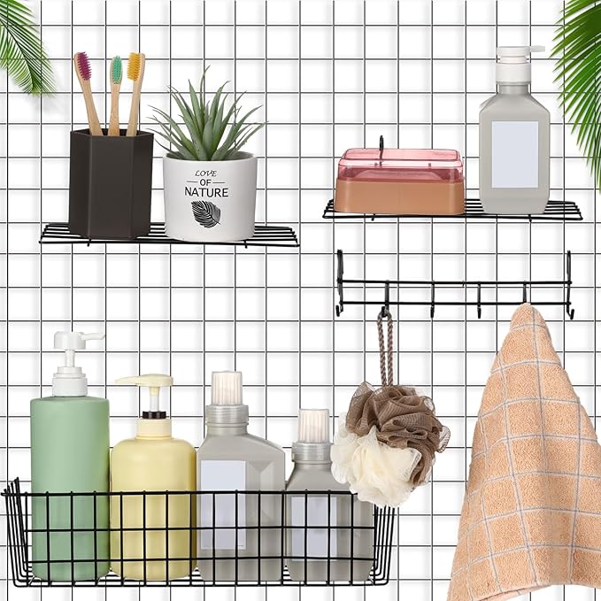 9 Pcs Grid Wall Shelves Gridwall Accessories Wall Grid Panel Hanging Basket with Hooks Set Includes 3 Basket 3 Wire Straight Shelf 3 Hooks Rack for Home Storage Display Organizer(Black)