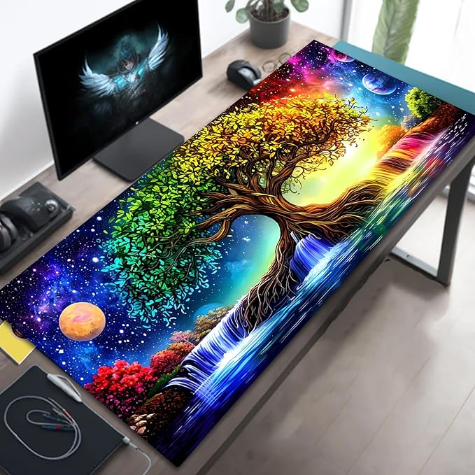 Manicer Fantasy Tree of Life Mouse Pad – Blacklight UV Reactive Glowing Desk Mat, Colorful Nature Galaxy Scene, 31.5" x 11.8" Waterproof Extended Mousepad with Non-Slip Rubber Base for Office & Gaming