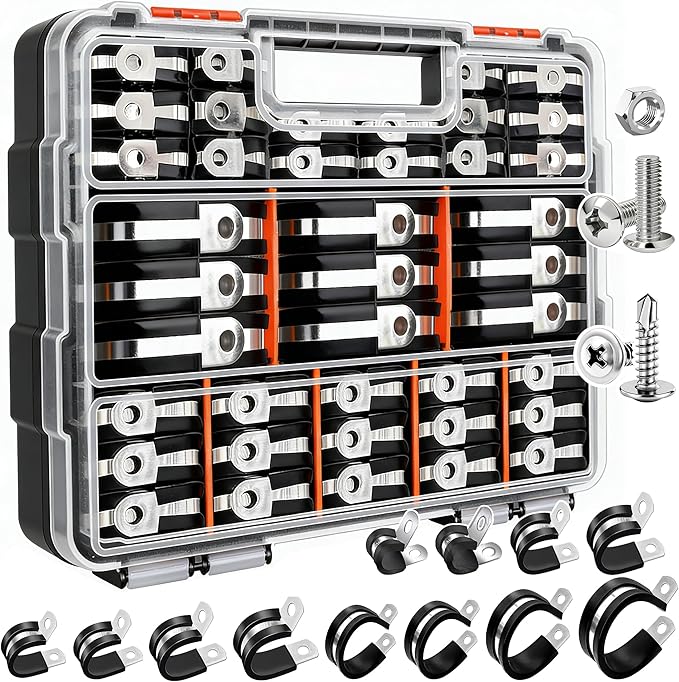 Taiss 320PCS Cable Clamps Assortment Kit 304 Stainless Steel Rubber Cushion Pipe Clamps 12 Sizes 3/16" 1/4" 5/16" 3/8" 1/2" 5/8" 3/4" 1" 1-1/4" 1-1/2" 1-3/4" 2" Wire Clamp(With two kinds of screws)
