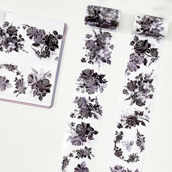 WT Rose Noir Wide Washi Tape Gilded, Single Roll, Original Designs, Black Flower Gold Foil Decors, Journal Scrapbook Bujo Planner DIY Crafts Supplies Gifts, Vintage Floral Adhesive Tape