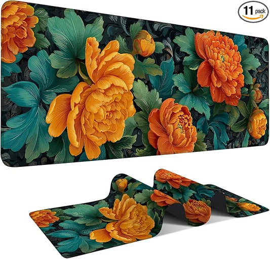 Retro Flower Extended Gaming Mouse Pad 31.5x11.8inches Large Desk Mat Anti-Slip Rubber Base & Durable Stitched Edges for Gamers Smooth Mouse Writing Surface for Desk Office/Home