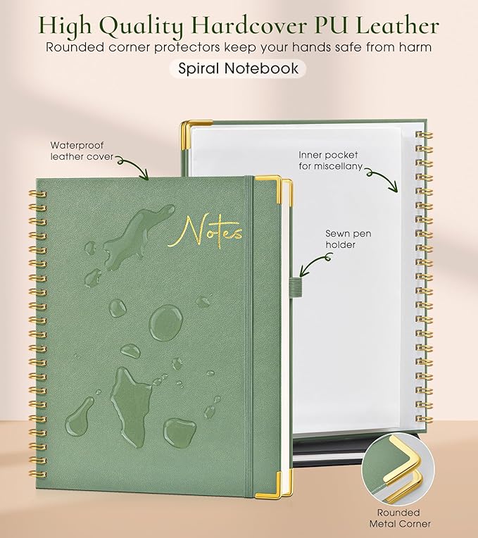 Hardcover Spiral Notebook Journal 8.5” x 11”, A4 Large Leather Notebooks for Women Men, Lined College Ruled Notebook, 100 GSM Paper, Spiral Bound Journals for Work School Note Taking Business, Green