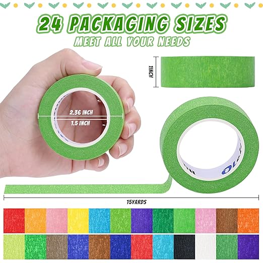 24 Rolls Bulk Colored Masking Tape for Art, 1 inch x 360 Yards for Crafts, Labeling, DIY Decorative, Colored Painters Tape, Rainbow Colors Tape for General Use Projects, Easy Tear No Residue