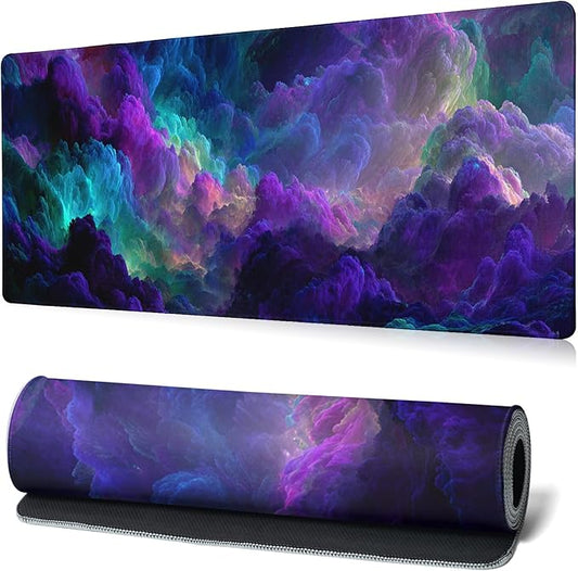 Dazzling Galaxy Gaming Mouse Pad Abstract Blue Desk Mat 31.5x11.8 Inch Starry Sky Texture Non-Slip Rubber Base Large Mousepad Stitched Edges Keyboard Mouse Mat Desk Pad for Office and Home