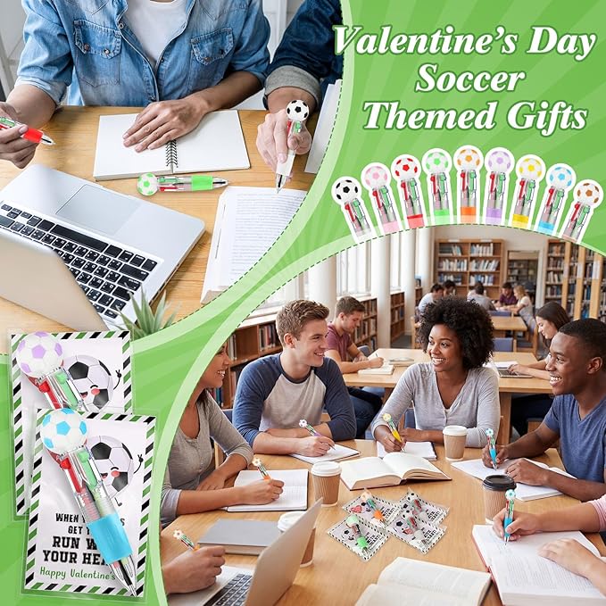 Colarr 24 Set Soccer Valentines Gifts Multicolor Pens with Positive Cards for Valentines Day Party Favors Classroom Prizes Soccer Team Goodie Bags Stuffers 4 in 1 Ballpoint Pens