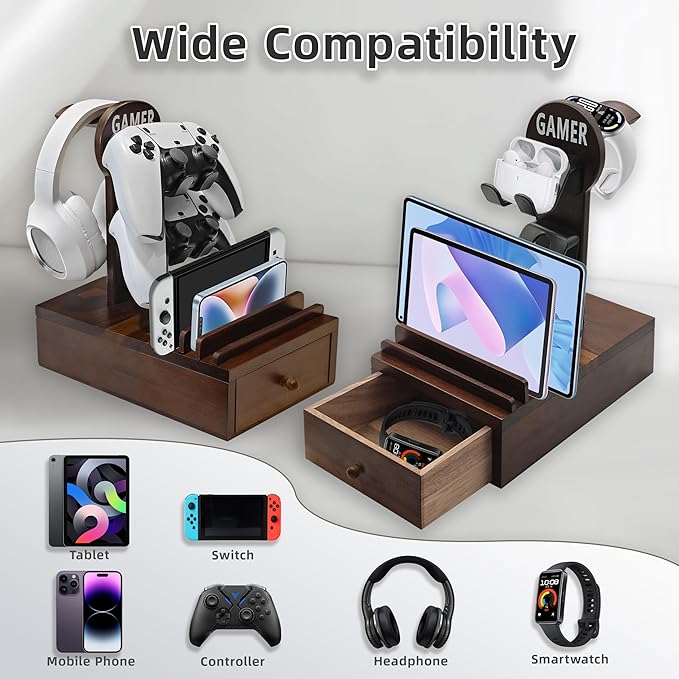 Gamer Wood Controller Holder and Headphone Stand with Storage Drawer for Gaming Equipment,Gamer Gifts for Teenage Boy,Gaming Desk Accessories for Men,Brother,Son,Boyfriend,Husband