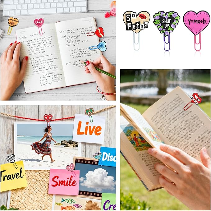 Cute Paper Clips,20Pcs Cute Heart Bookmark Paperclip Bulk Metal Fun Loving Heart Planner Clip Charms Clamp Desk Accessories Stationery Colorful Office Supplies DIY gifts for Valentines Day Party Decor