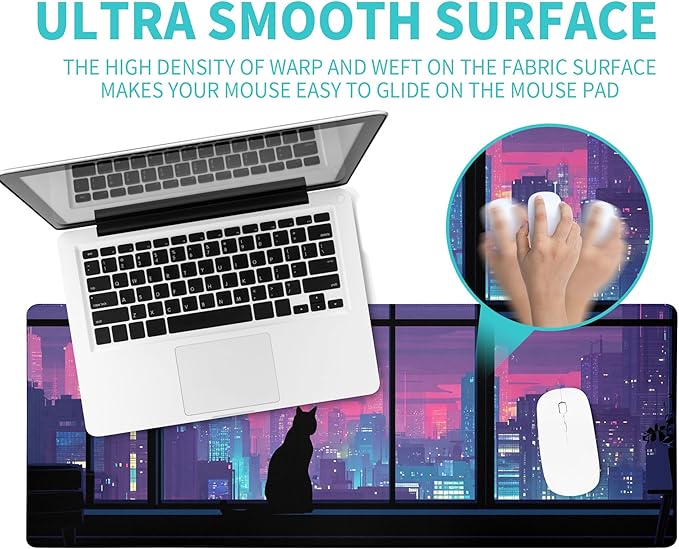 Cat Gaming Mouse Pad Abstract Kawaii Mouse Pad 31.5x11.8 Inch Cute Japanese Anime Desk Mat Non-Slip Rubber Base Large Mousepad Stitched Edges Keyboard Mouse Mat Desk Pad for Office and Home