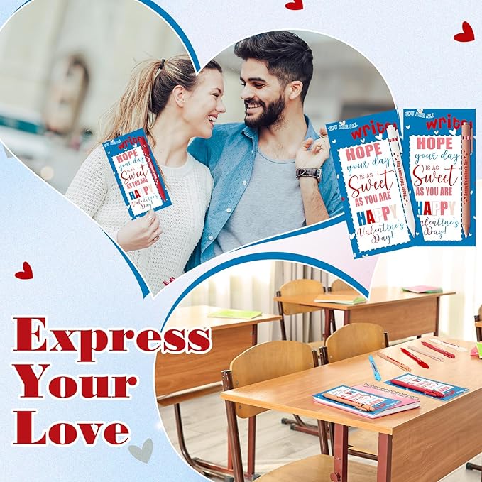 Cholemy 48 Sets Valentine Day Gifts Sets Include Motivational Ballpoint Pen with Greeting Card and Cable Ties for School Classroom Stationery Supplies Teacher Students Practical Gifts