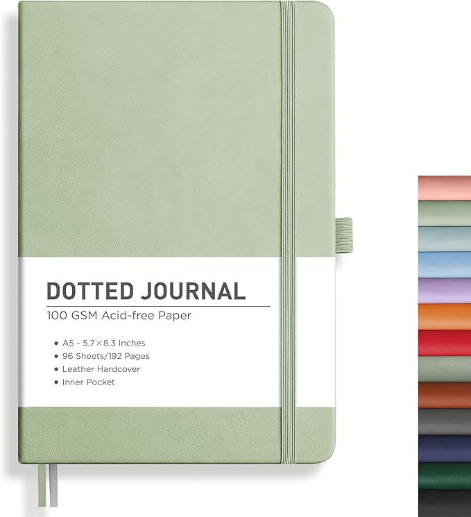 RETTACY Dotted Journal Notebook, 192 Pages, A5 Medium Size (5.7'' x 8.3''), Leather Hardcover, 100 GSM Thick Paper, for Bullet Journaling, Planning, Tracking (Light Green)